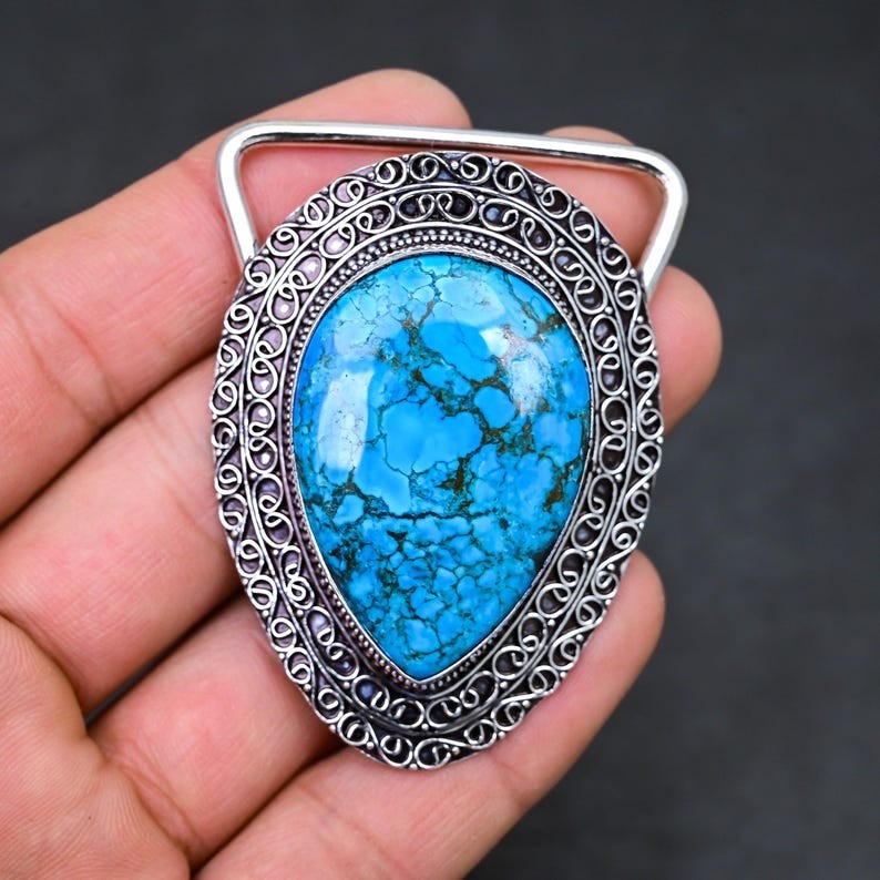 Natural Turquoise Belt Buckle Large Blue Gemstone Western Cowboy Handmade Buckle