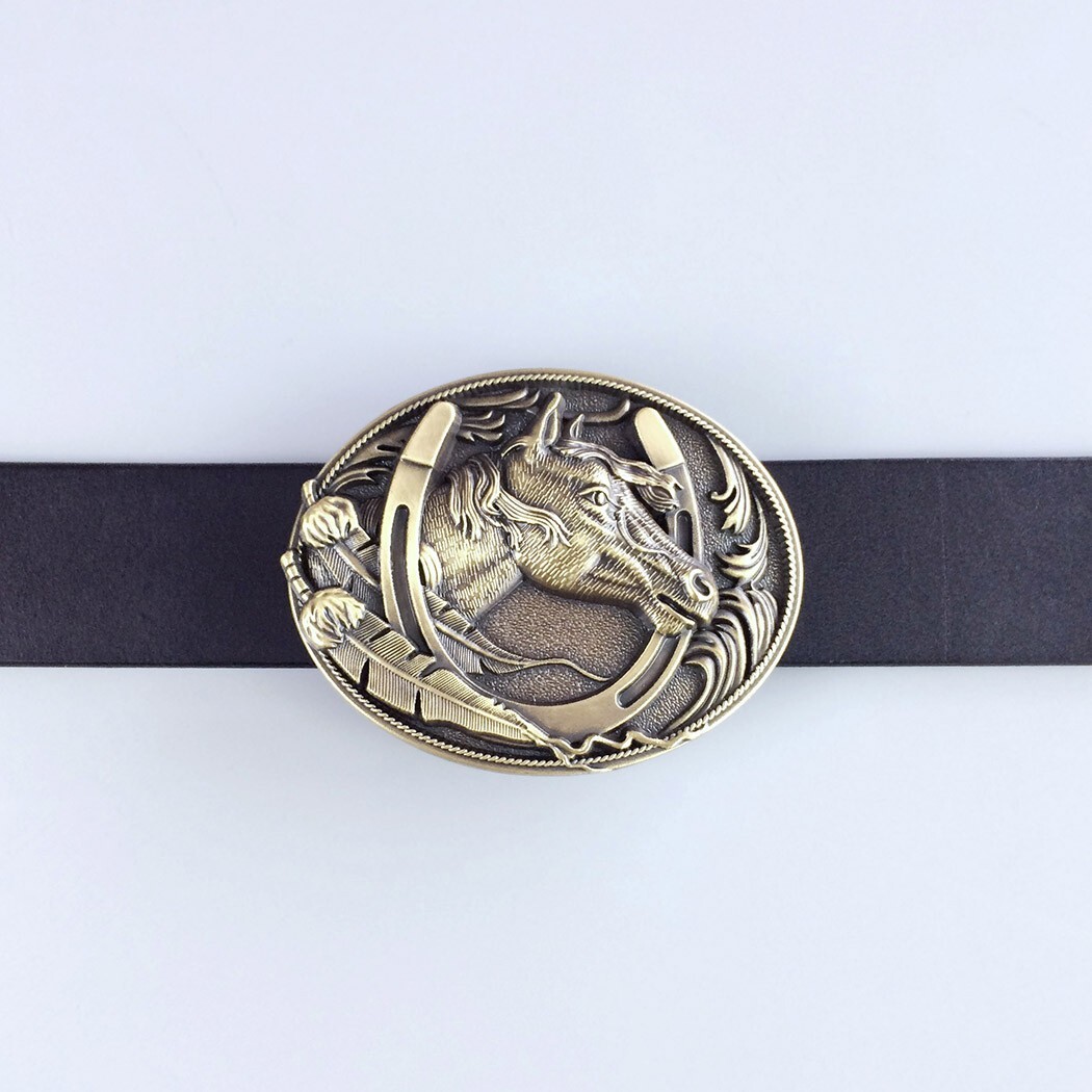 Vintage Bronze Plated Western Horse Horseshoe Oval Belt Buckle