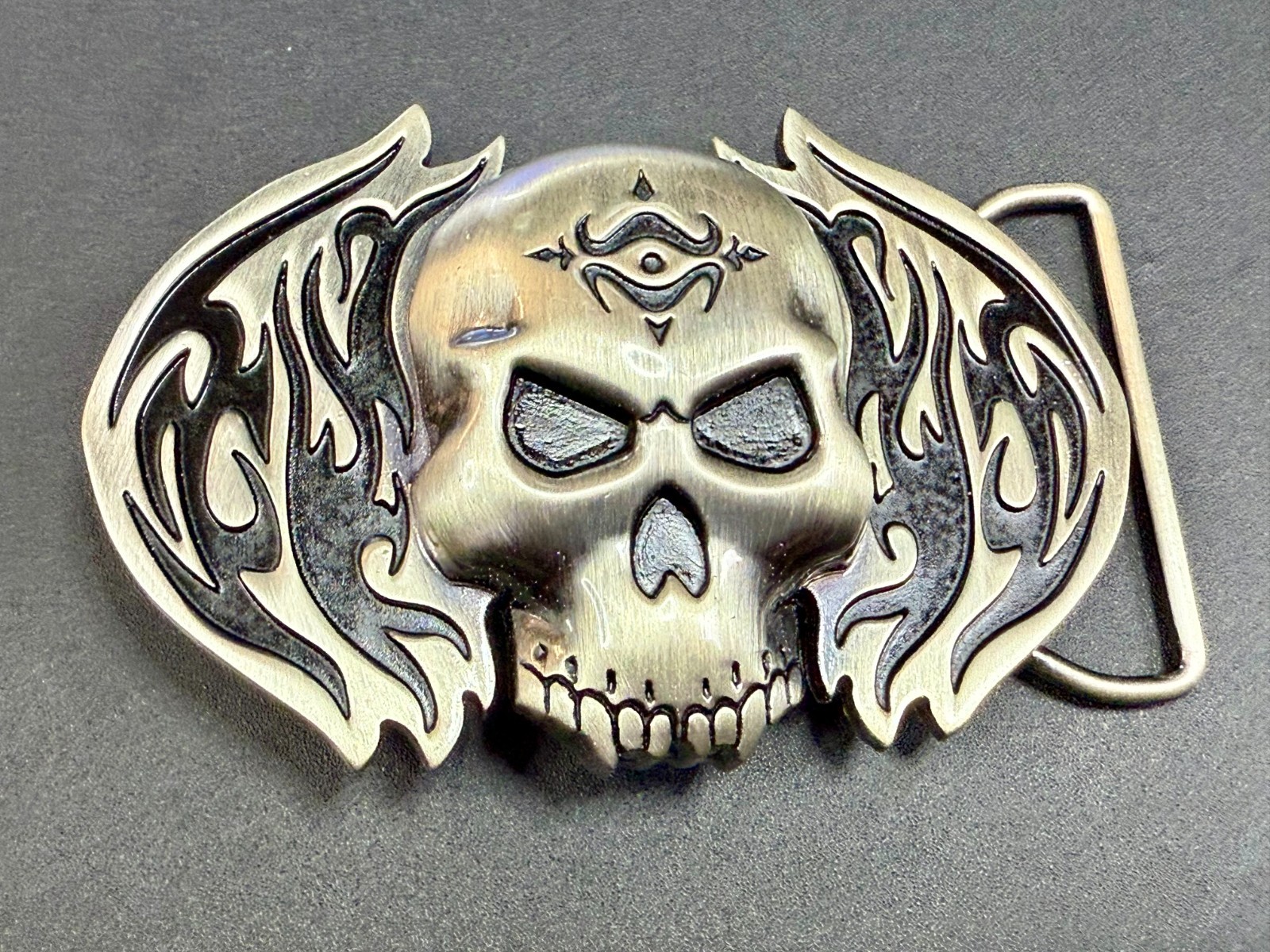 Skull with Flames Cutout Silver & Black Color Silver Moon Creations Belt Buckle