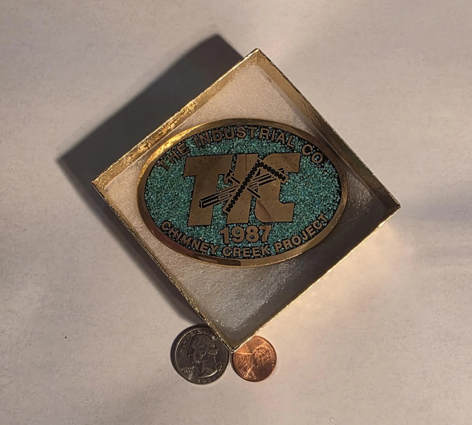 Vintage 1987 Metal Belt Buckle, Solid Brass, Blue Crushed Turquoise Stones, TIC