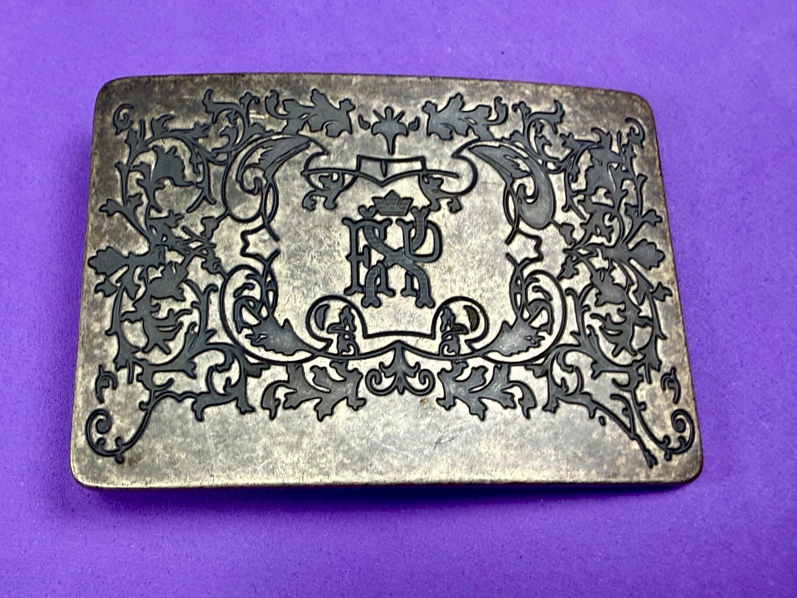 Letter EXP Monogram Scroll Ornate Pattern Silver Tone Rectangular Belt Buckle