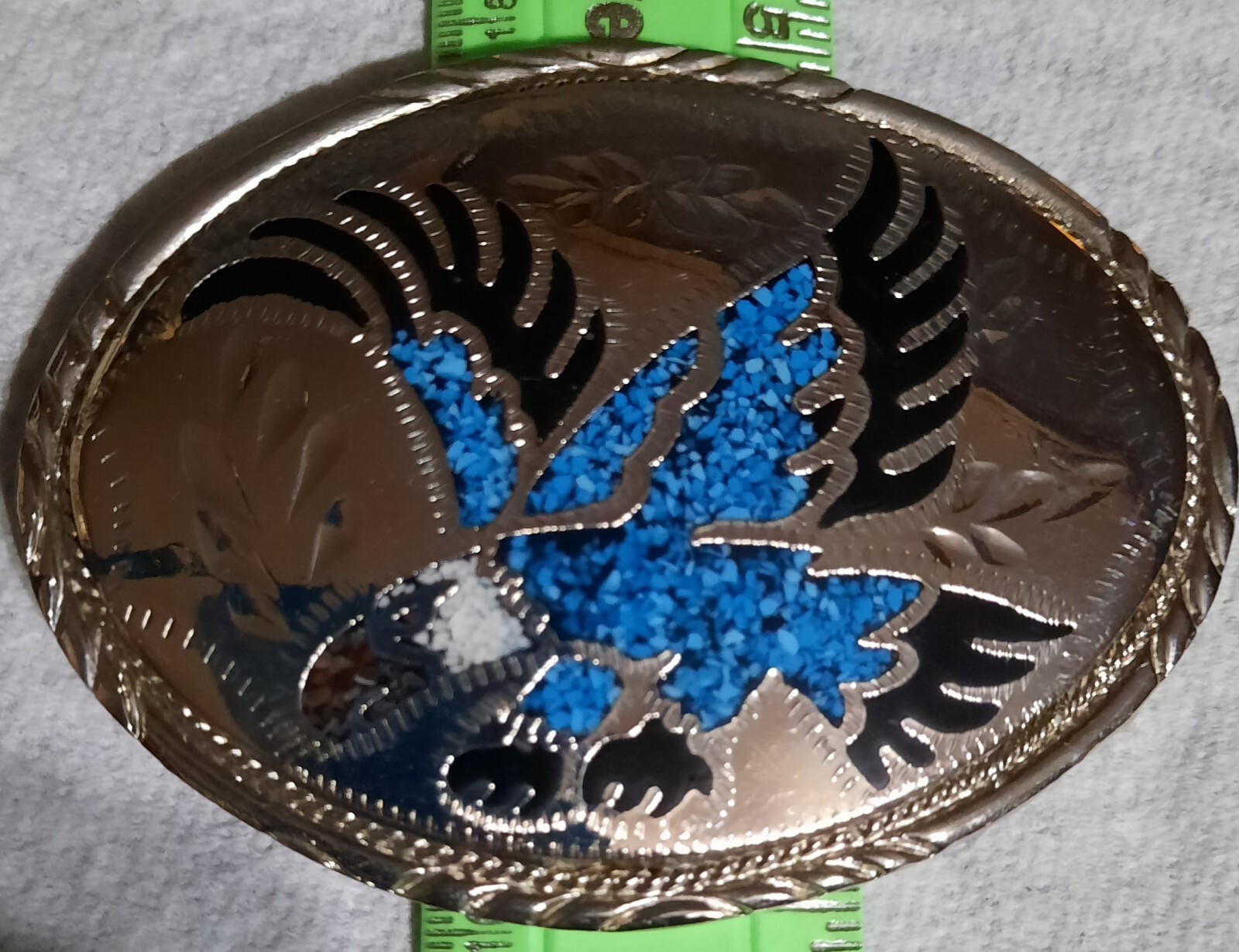 Vintage Handcrafted Silver Tone, Red Blue And White Eagle Belt Buckle
