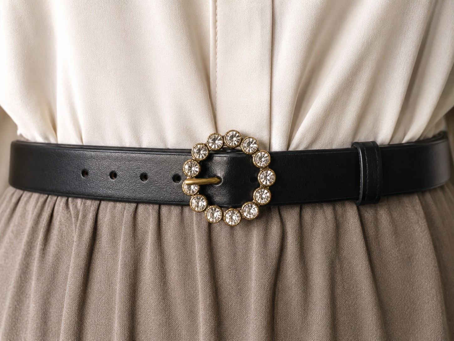 1930&rsquo;s Rhinestone Buckle Round Brass Paste Crystal Czech Style Dress Sash