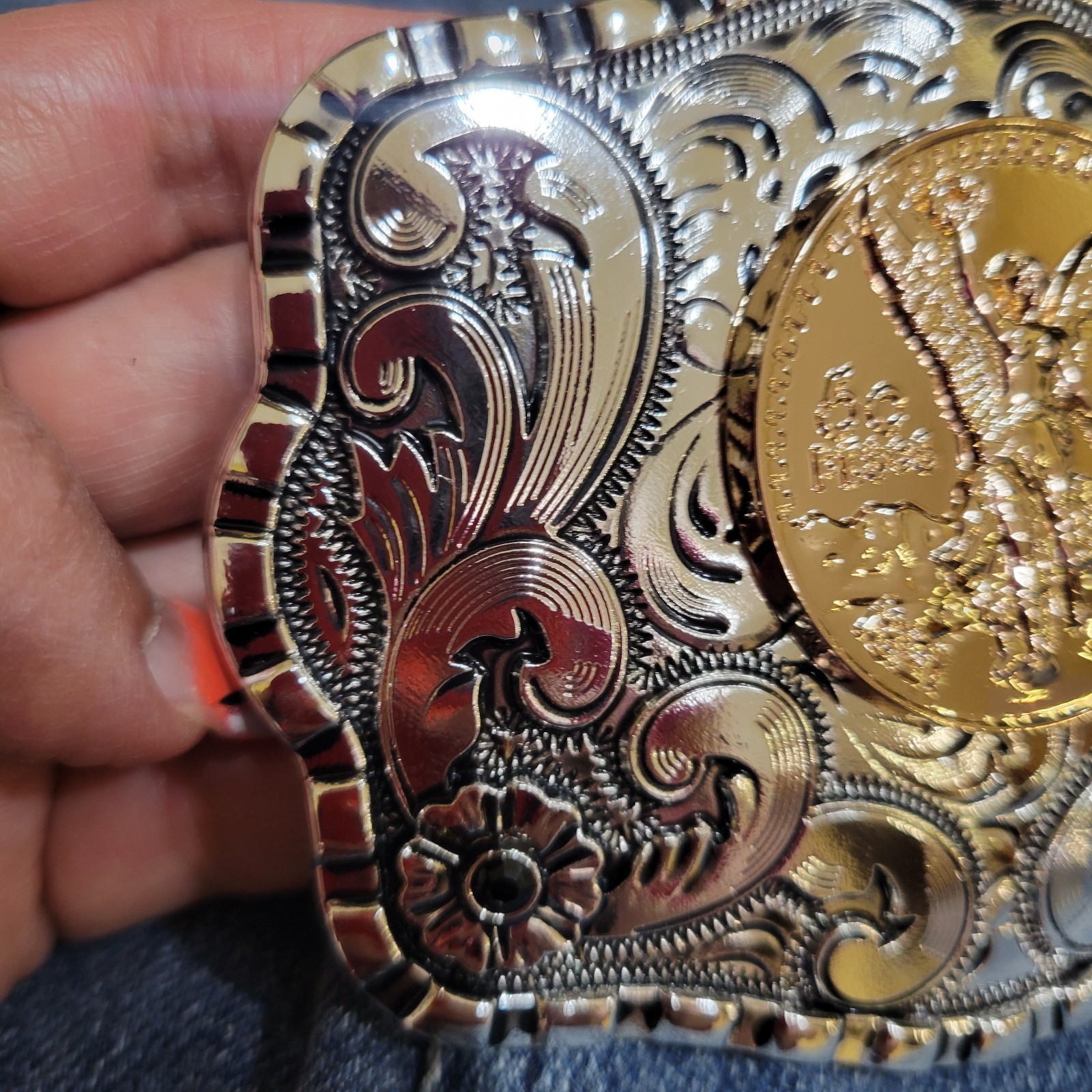 Centenario Cowboy Belt Buckle Western Silver With RoseTone Faux 50 Peso Concho