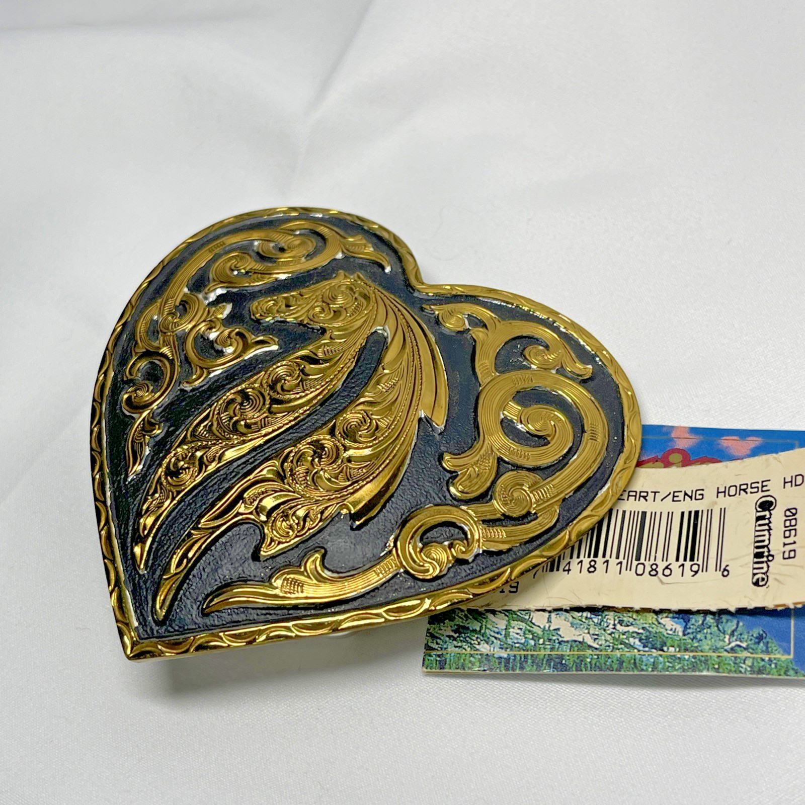 Crumrine Engraved Horse Floral Design on Heart Shape Buckle NEW with Tags