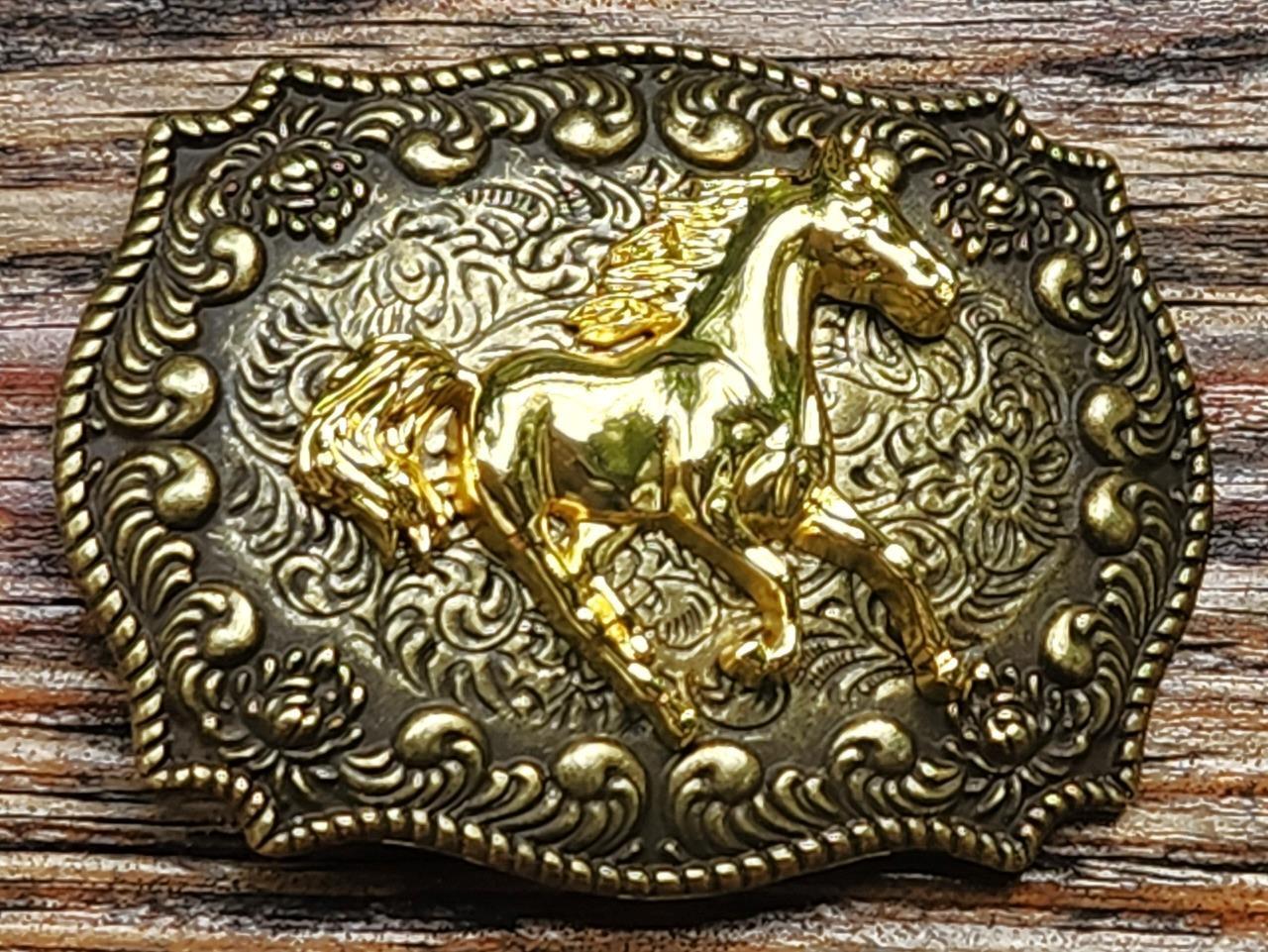 NEW HORSE RUNNING HORSE GOLD AND BRONZE RODEO COWBOY WESTERN BELT BUCKLE