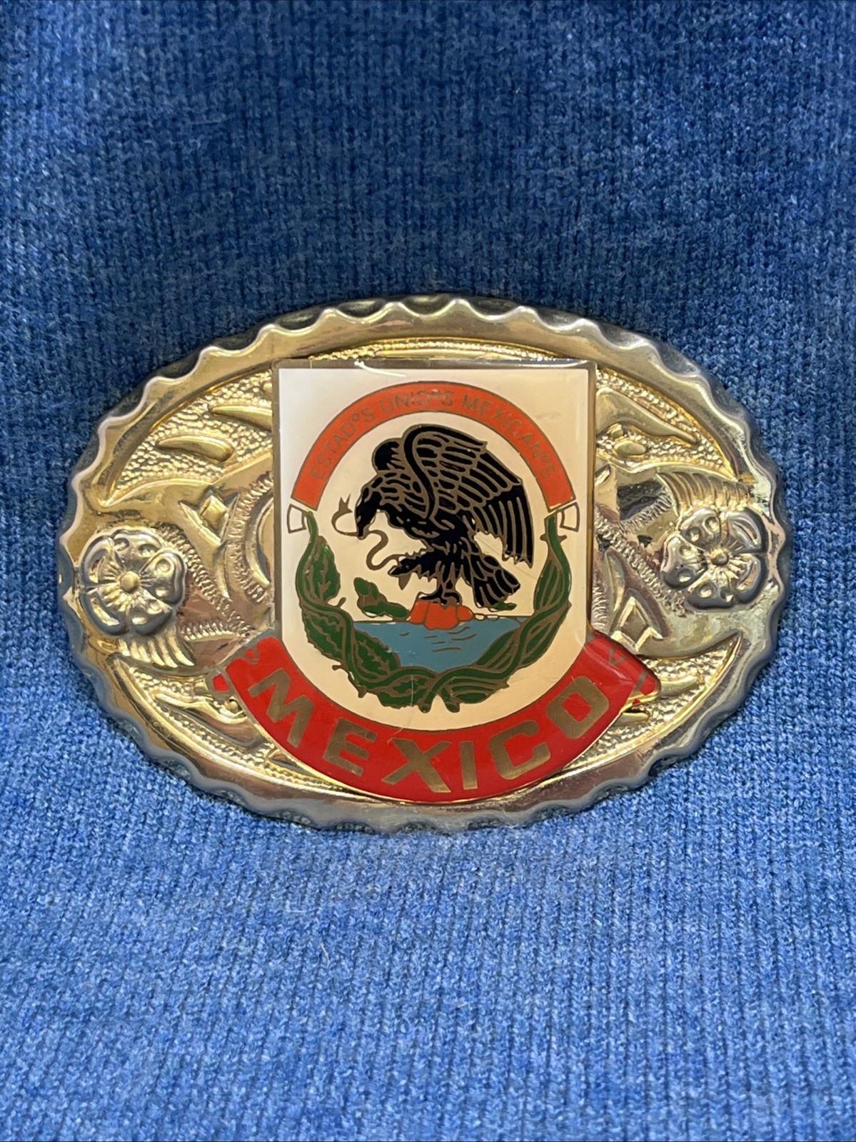 Vtg Mexico Belt Buckle Western Mexican Coat of Arms Eagle Snake Enamel Gold Tone