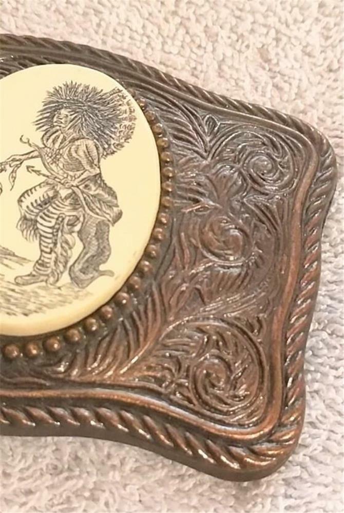 Vintage Simulated Scrimshaw Bronze Look Belt Buckle Detailed Indian Dancer RARE