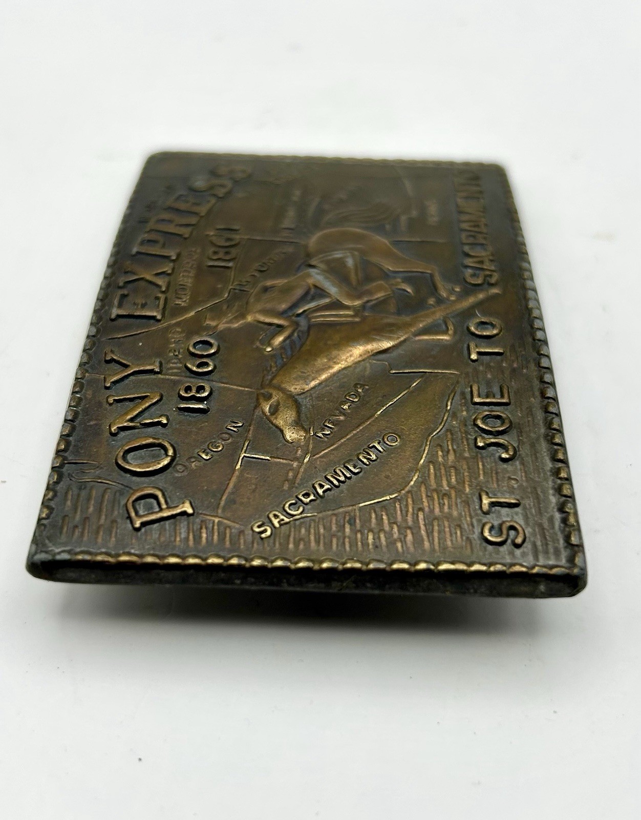 Vintage Brass Pony Express St. Joe To Sacramento Belt Buckle 3 1/2&Prime; Bronze Tone