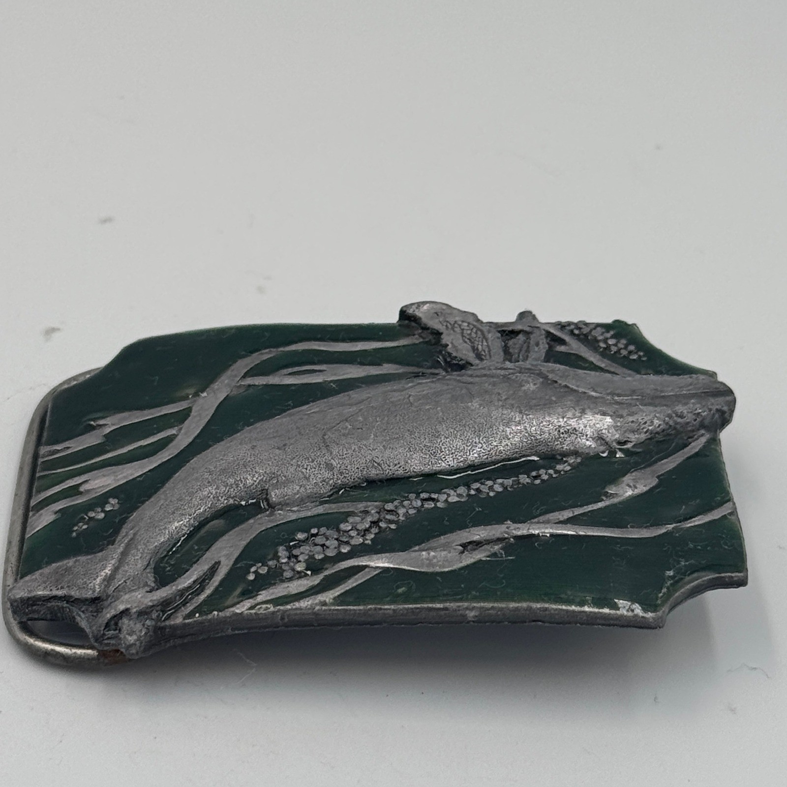 Vintage Humpback Whale Belt Buckle Green Enamel Silver Tone Nautical Marine Life