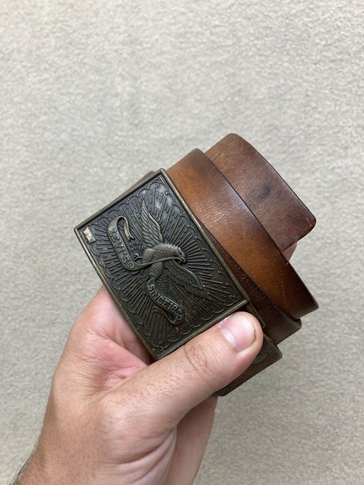 vintage 70’s 80s Levi’s Belt + Buckle Brass American Eagle USA Western Cowboy 36