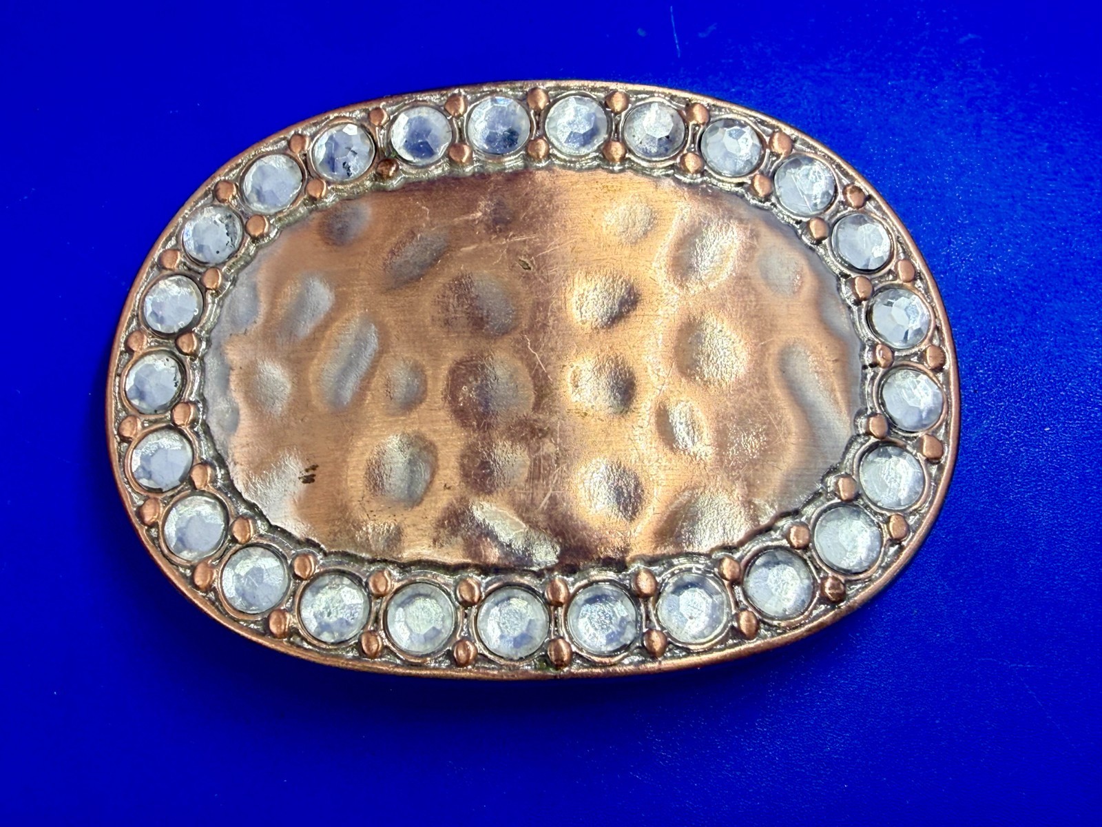 Textured Hammered Metal with Clear Rhinestone Border Modernist Belt Buckle