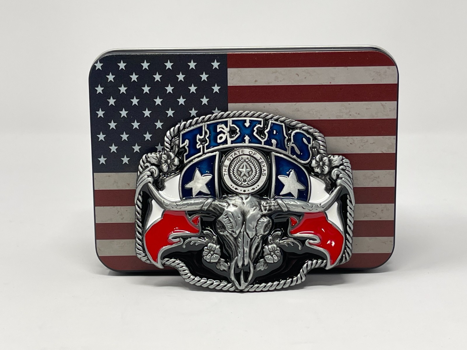 Texas Pride Belt Buckle with USA Flag Container – Western Belt Buckles for Men
