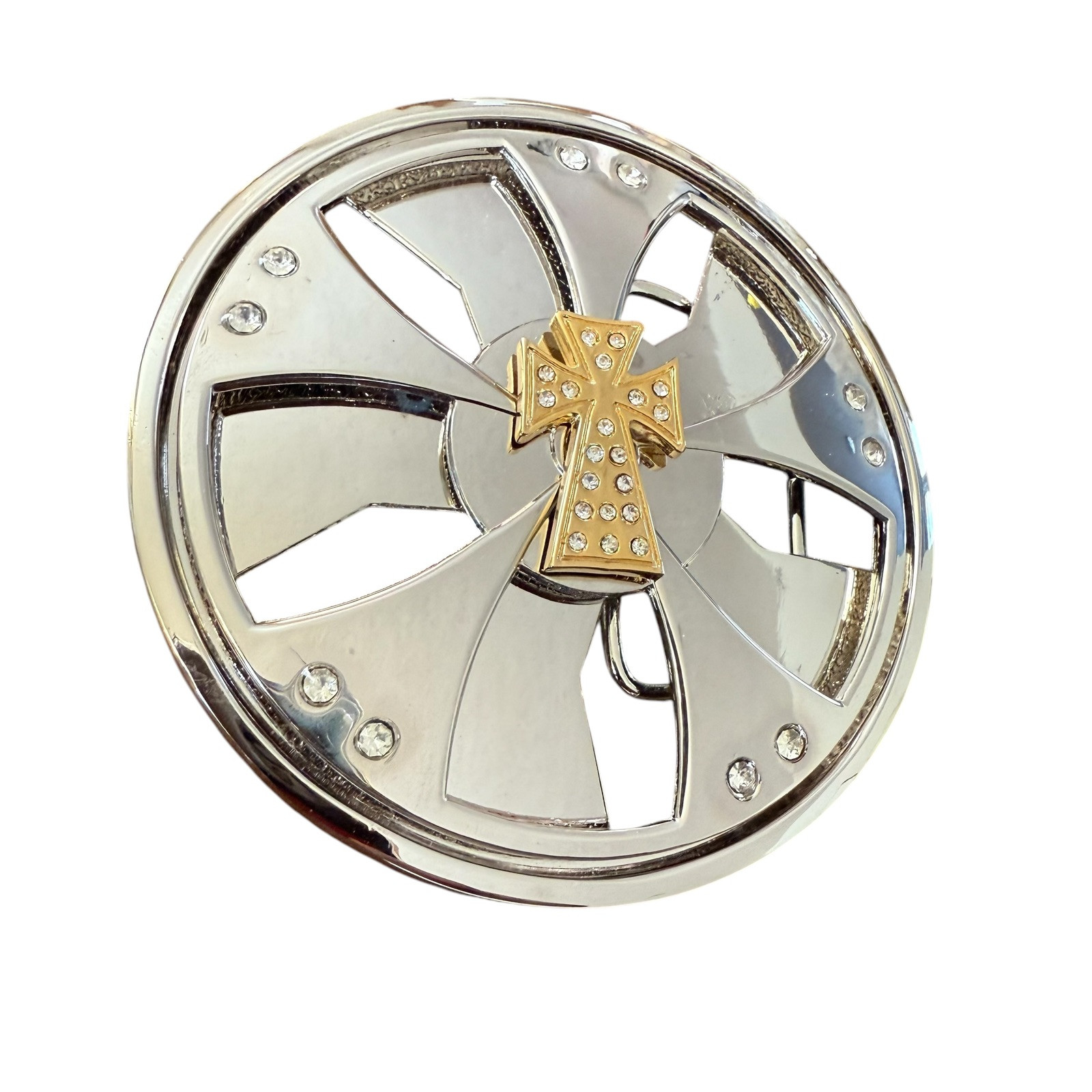 Vintage Chrome Silver Iron Cross Round Spinner Belt Buckle Metal Y2K Industrial