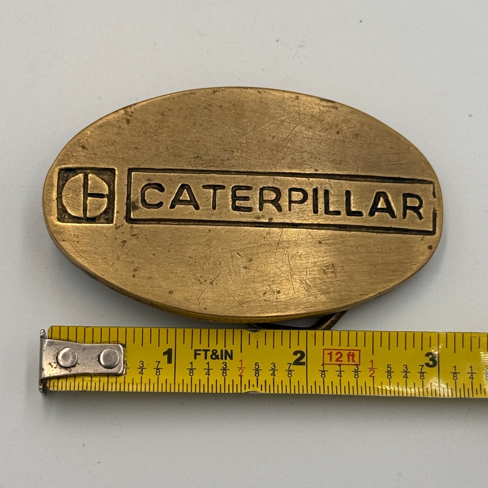 Vintage Caterpillar Belt Buckle Solid Brass Oval Logo 4080 Taiwan ROC Gold Tone