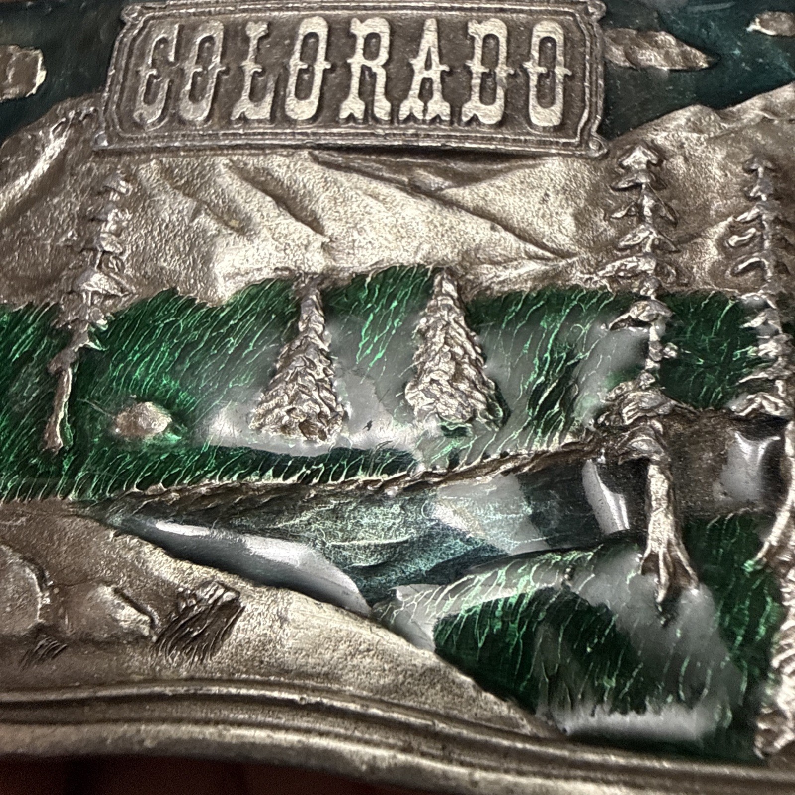 VTG 1976  » COLORADO  » BERGAMOT Brass Works Enamel DIX Leather BELT BUCKLE – NICE