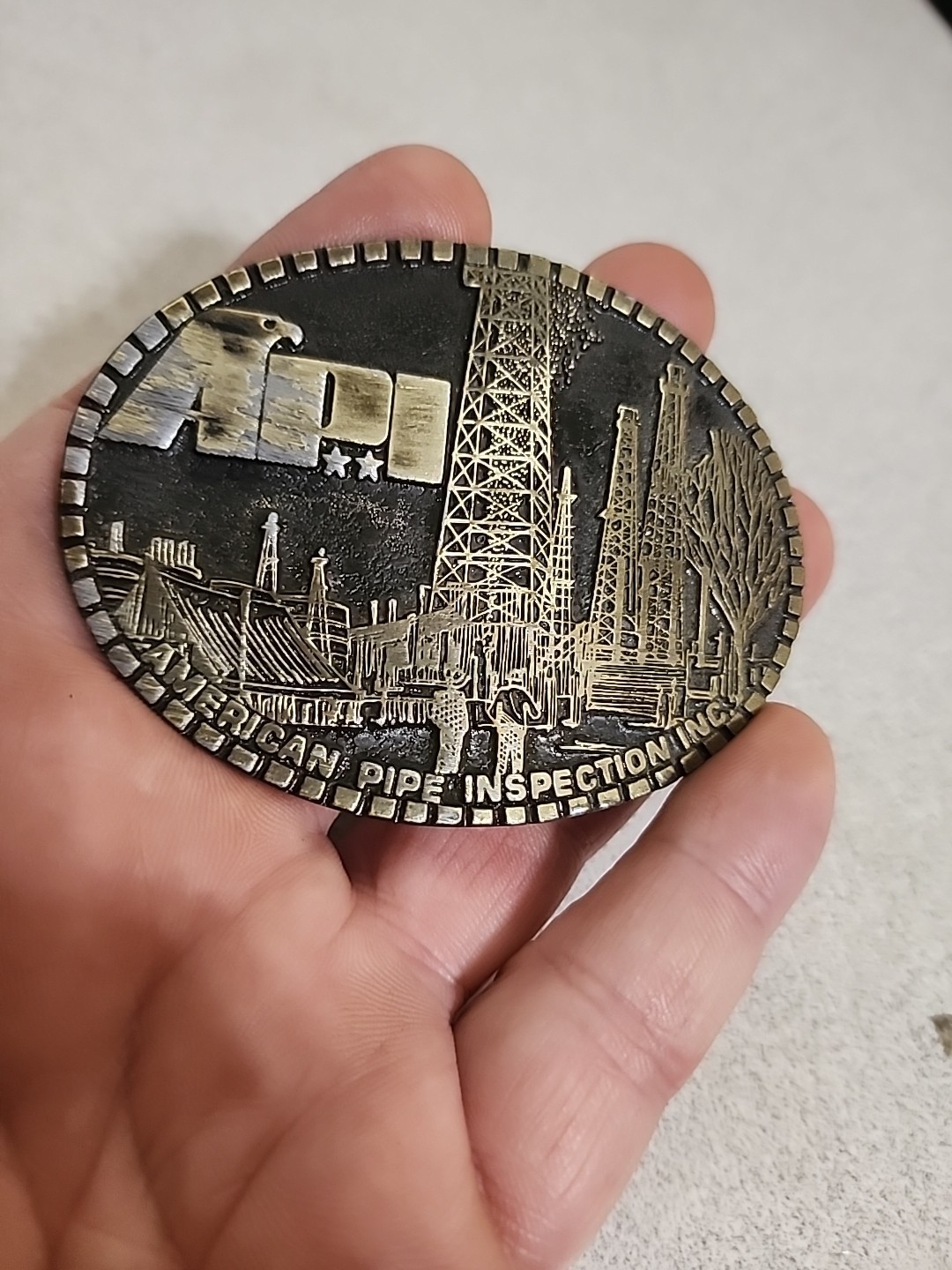Vtg 1977 AMERICAN PIPE INSPECTION INC. Belt Buckle By MAGICAST USA