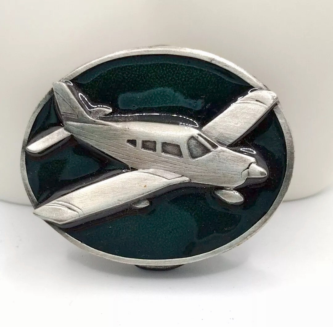 RARE! 1984 Bergamot Brass Works Belt Buckle Airplane Green Enamel Vintage L143