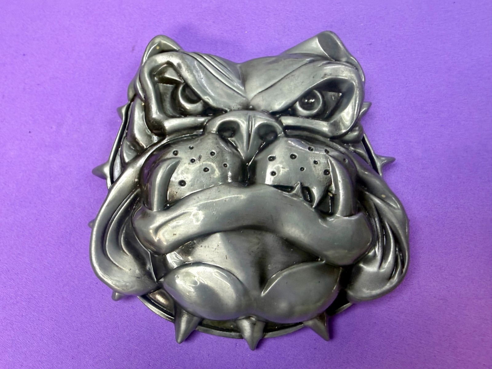 Bad A*** Bulldog Raised 3D Driver Trucker Spike Collar Silver Color Belt Buckle