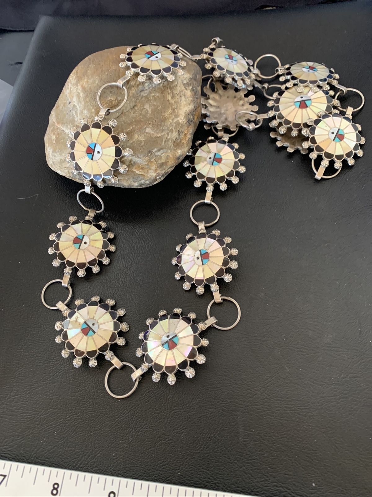 Turquoise & Onyx Zuni Sterling Silver Sun Face Inlay Old Pawn Belt 40&Prime; 12109