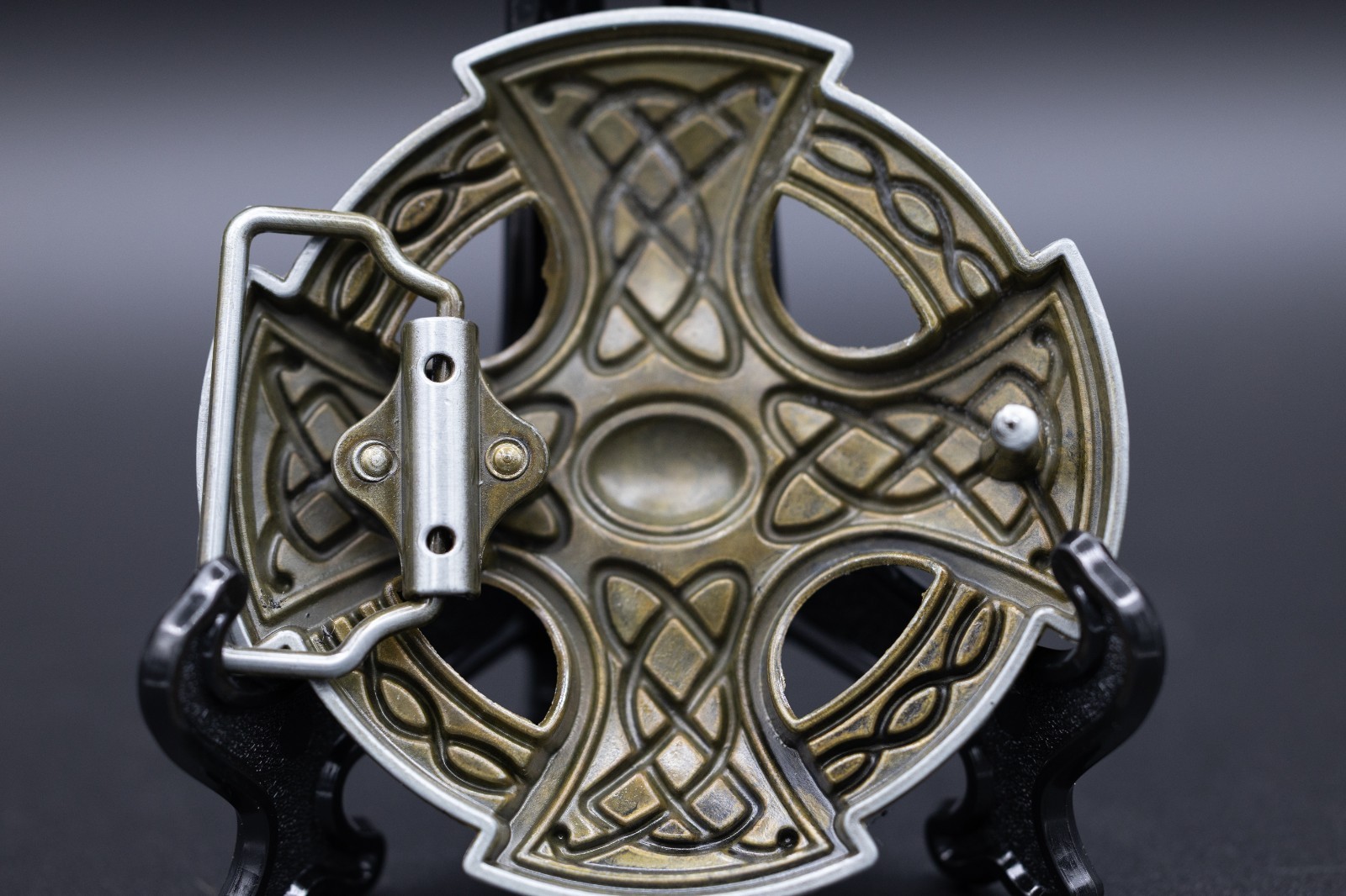Vintage Style Celtic Cross Belt Buckle Intricate Knotwork Oval Center Cabochon
