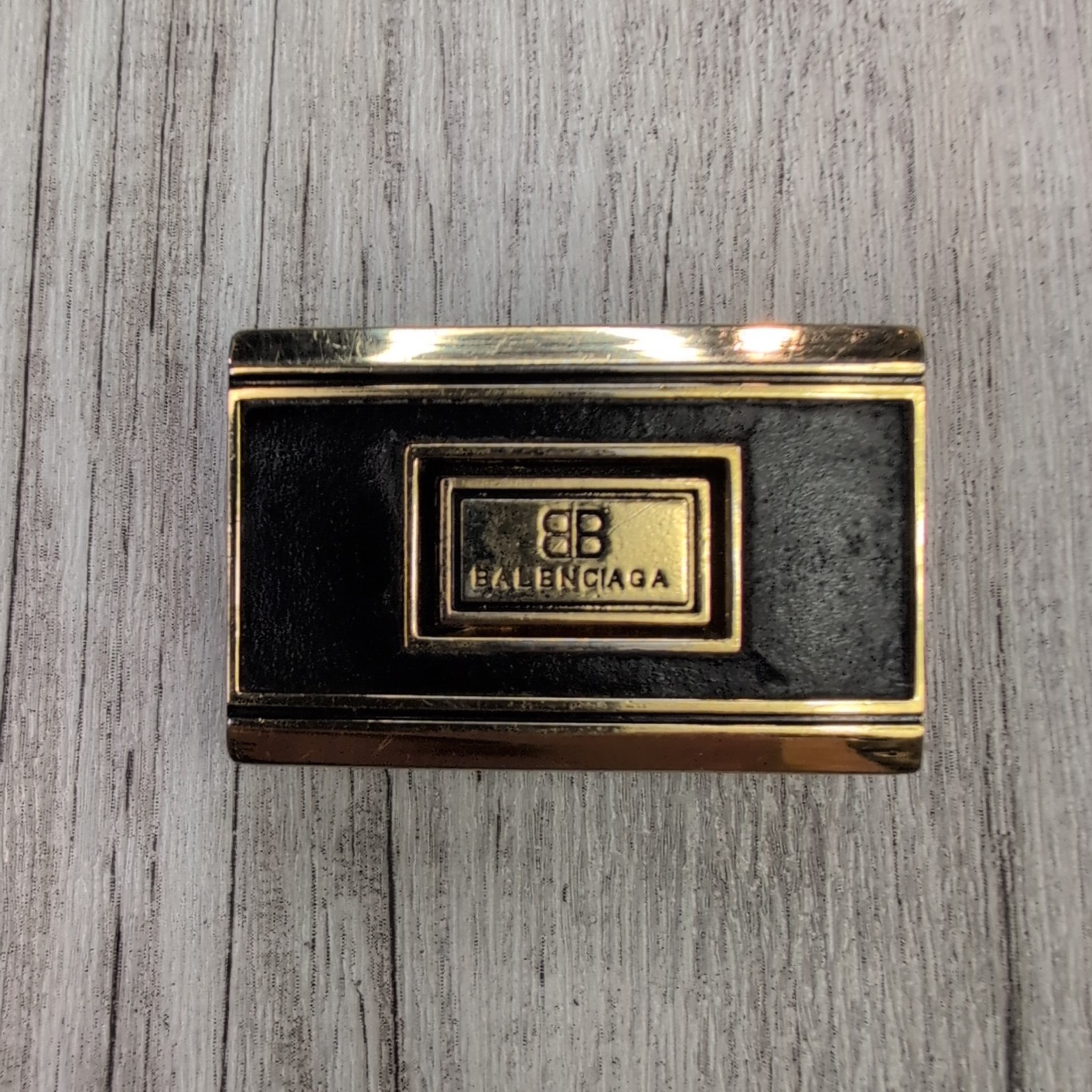 Balenciaga Black Gold Tone Belt Buckle Rectangle BB Logo Vintage Style Accessory