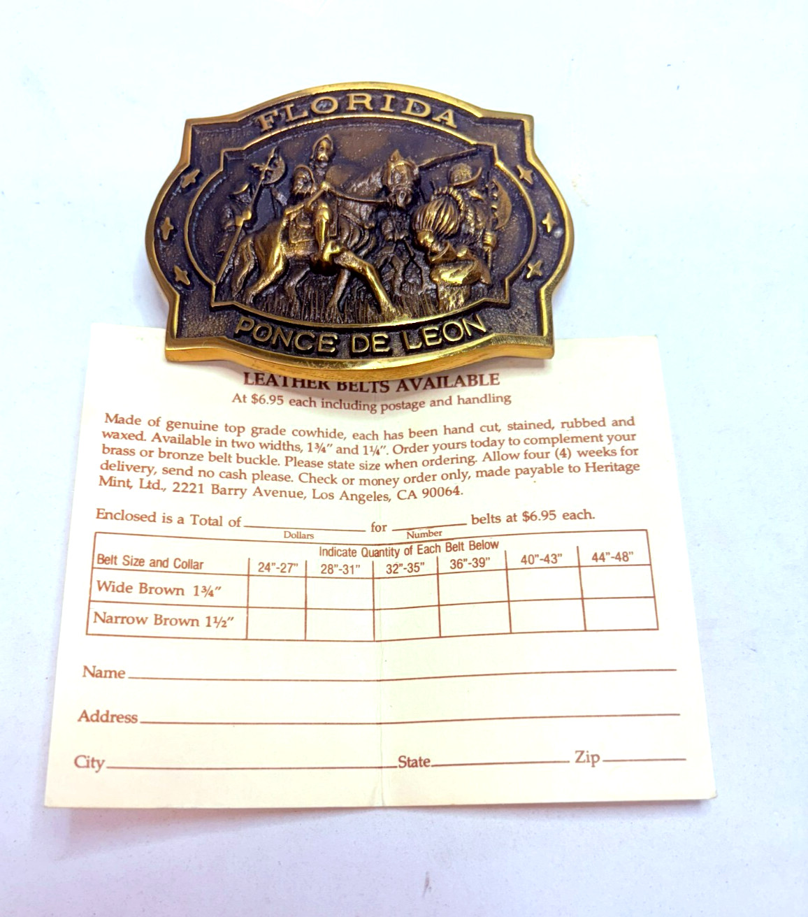 Vintage Heritage Mint Ltd Ponce de Leon Brass Belt Buckle with Papers and Pouch