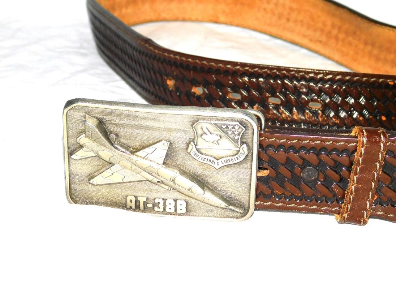 VTG AT-38B Fighter Jet Belt Buckle On Size 38 Brown Woven Leather Belt USAF