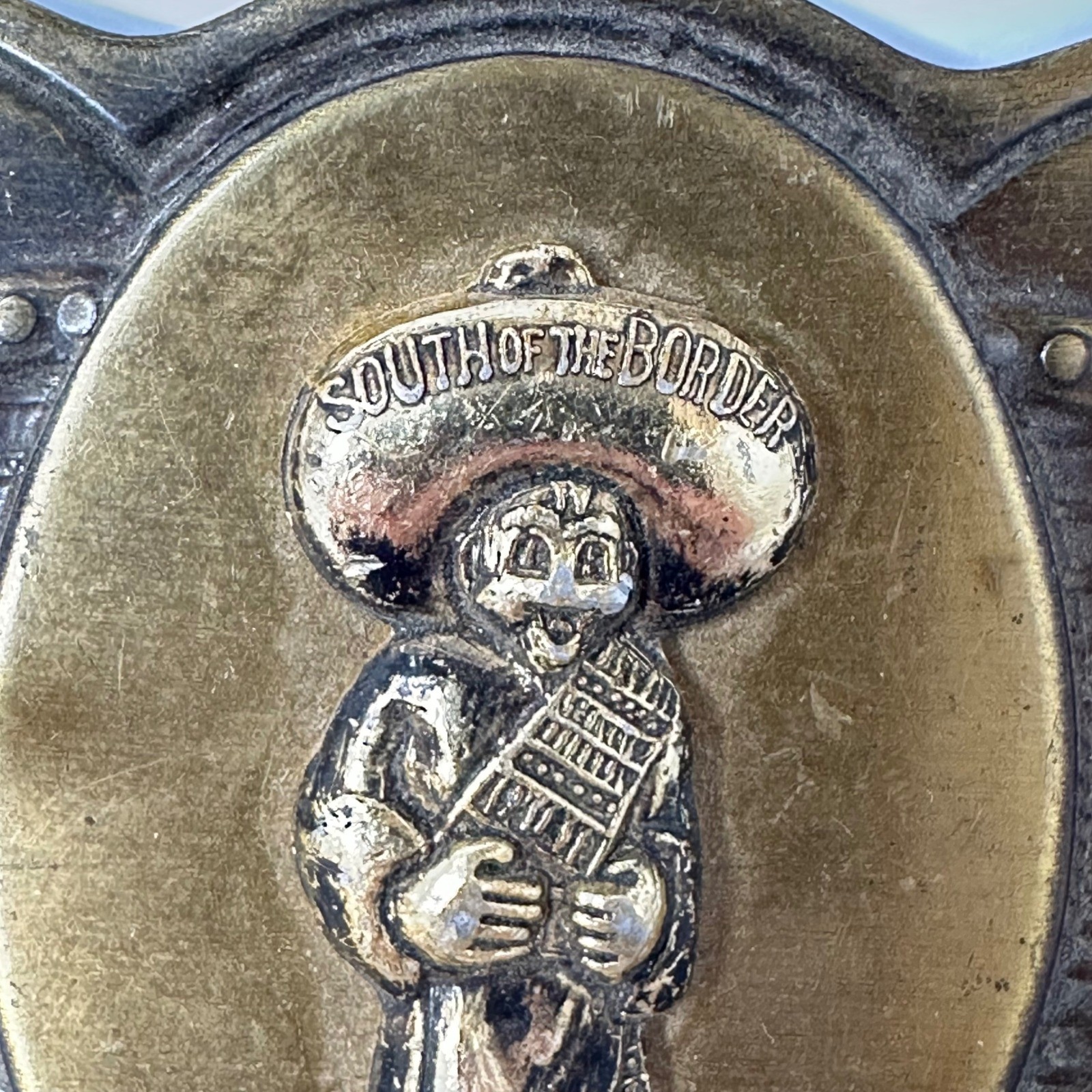 Vtg South of the Border Belt Buckle Japan Brass Tone Souvenir Pedro Lightweight