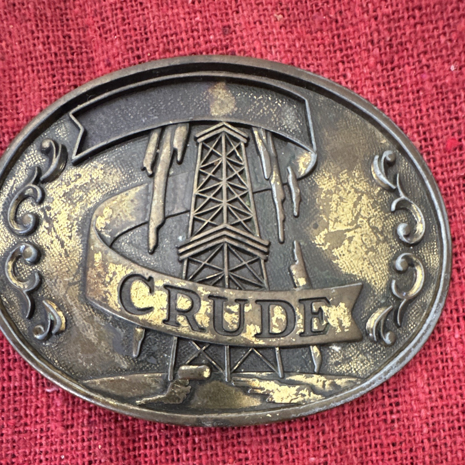 Vintage CRUDE Oilfield Belt Buckle Oil Derrick Oil Rig Petroleum Bronze Tone