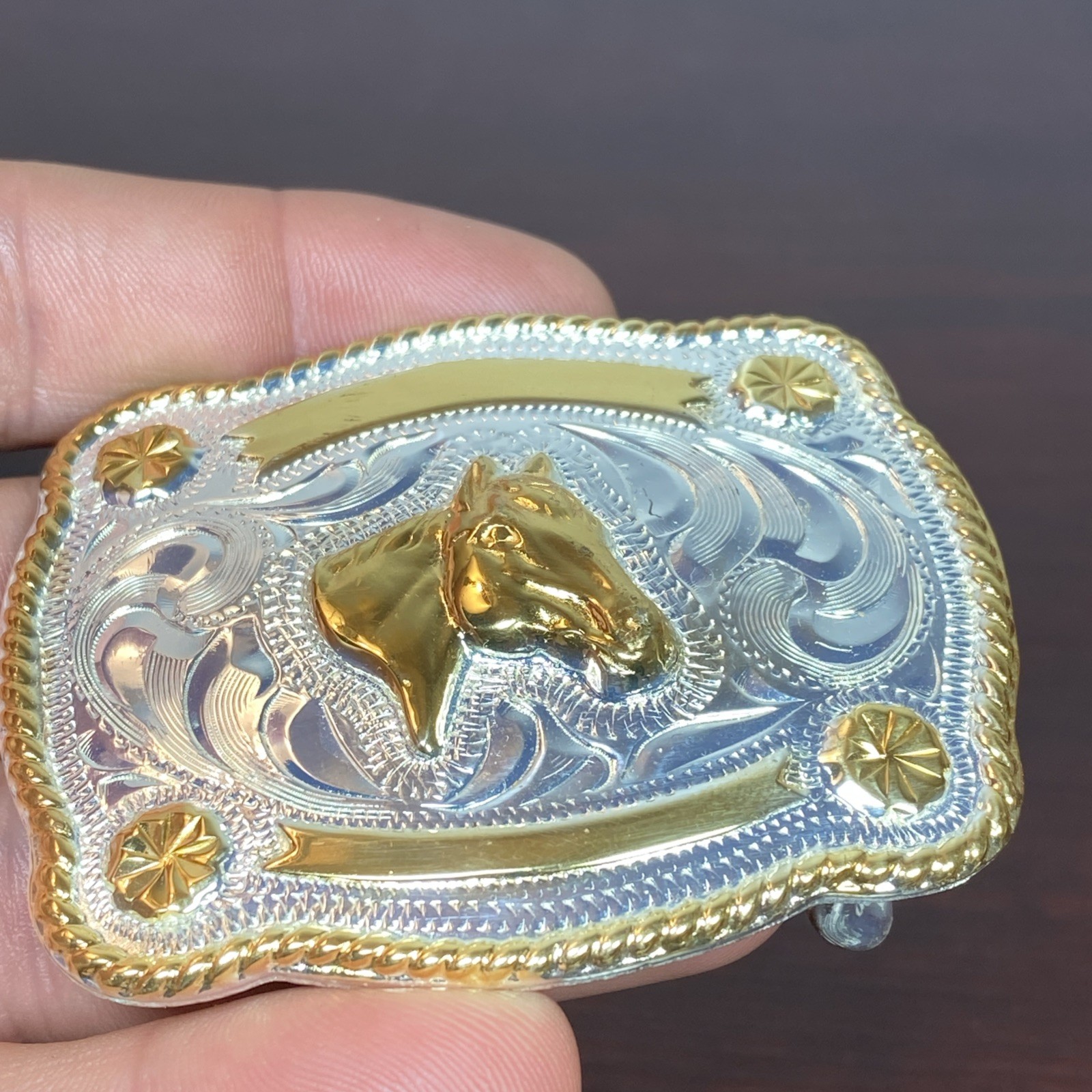 JUSTIN Silver Mexico Horse Head 2-5/8”x2-1/8” Belt Buckle SHINY GOLD SILVER Tone