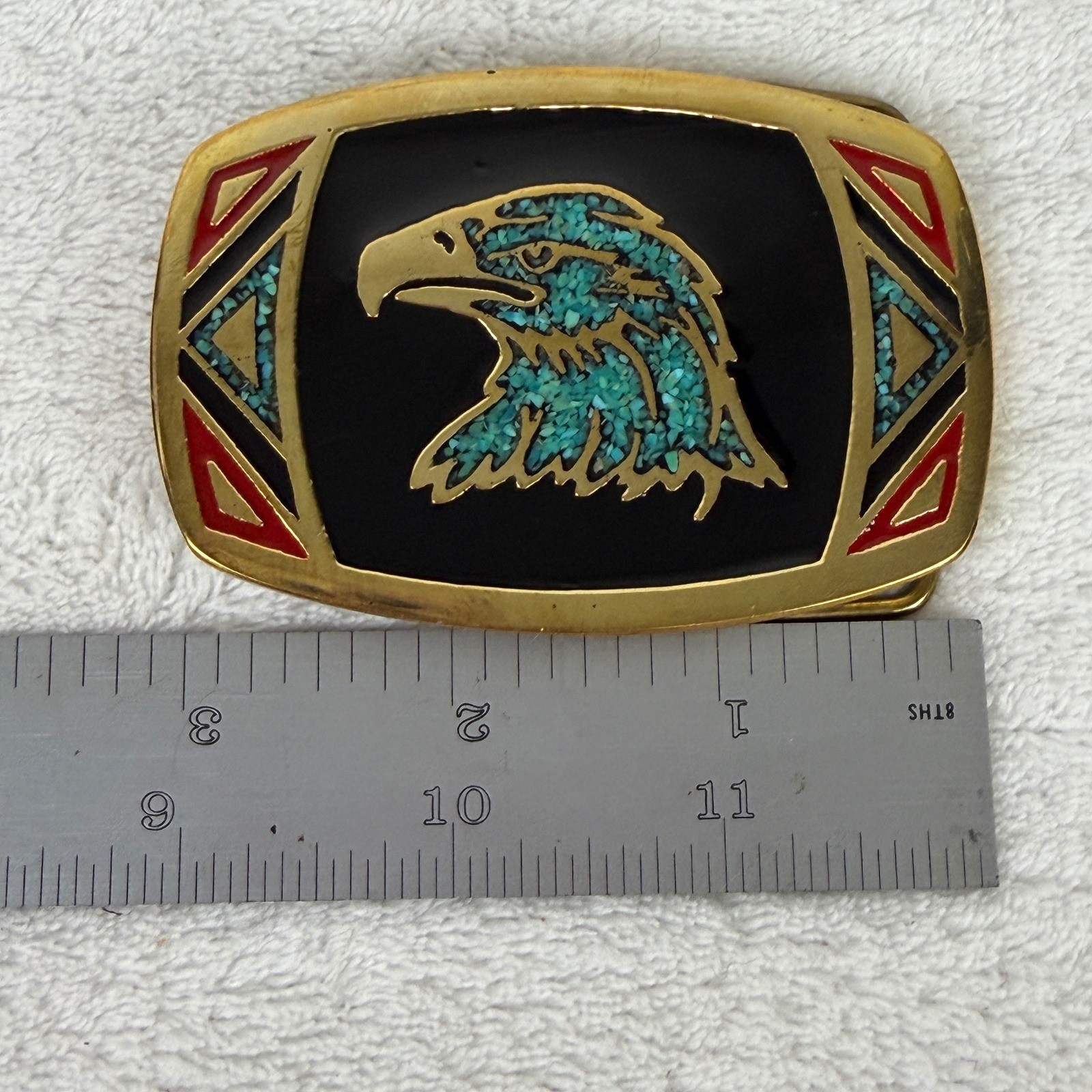 Vintage De Bry Co Solid Brass Turquoise Eagle Belt Buckle Made in USA Western