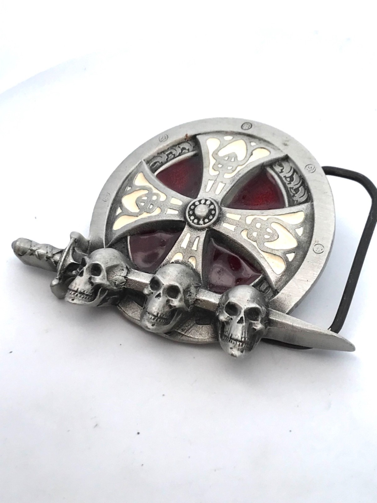 1995 Tanside Ltd Silver Tone Enamel Skull Dagger Maltese Cross Biker Belt Buckle