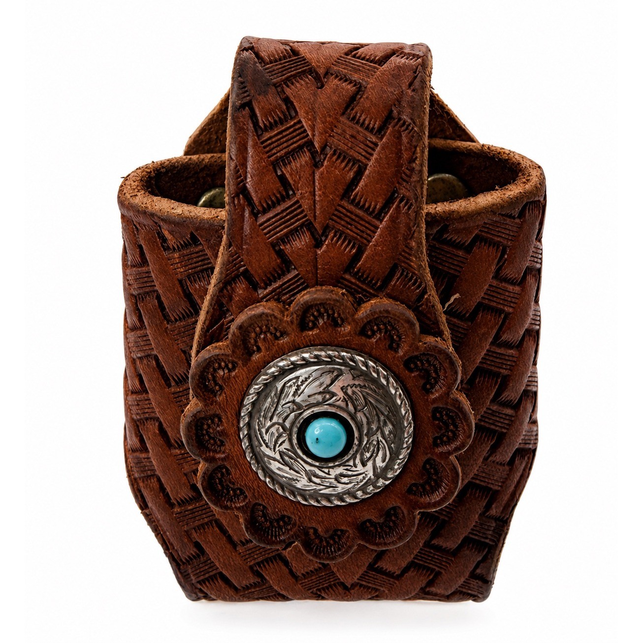 Vintage Hand Tooled Leather Belt Pouch Basket Weave Western Turquoise Concho