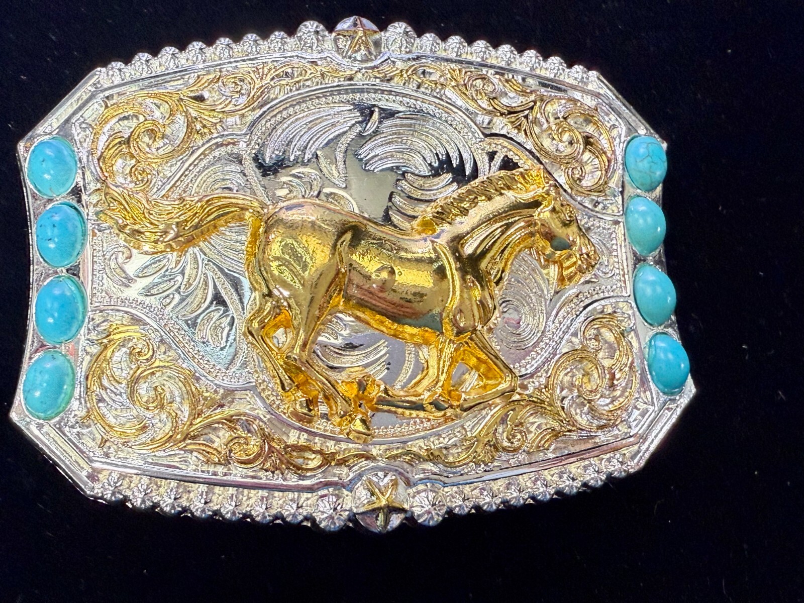 Running Galloping Mustang Stallion Horse W/ Faux Turquoise Stones Belt Buckle