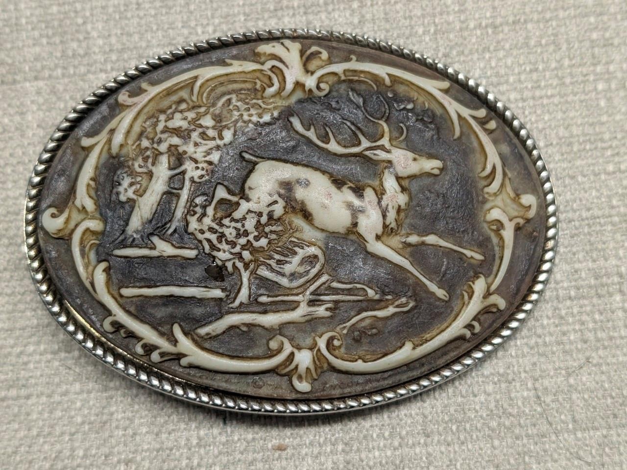 vintage DEER belt buckle INCOLAY STONE buck WESTERN cowboy NATURE hunting