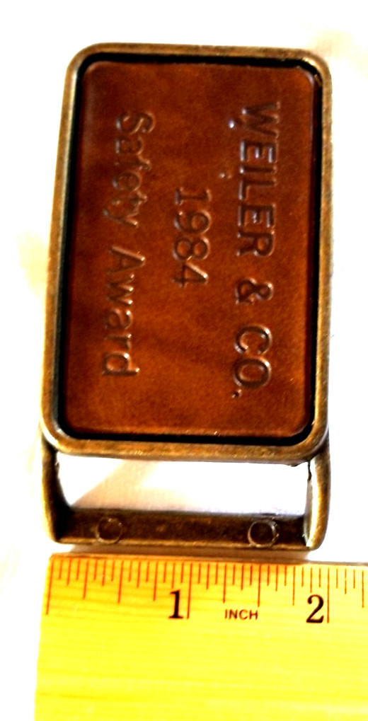 Weiler & Co 1984 Safety Award Leather on Brass Belt Buckle for 2&Prime; Work Belt VTG