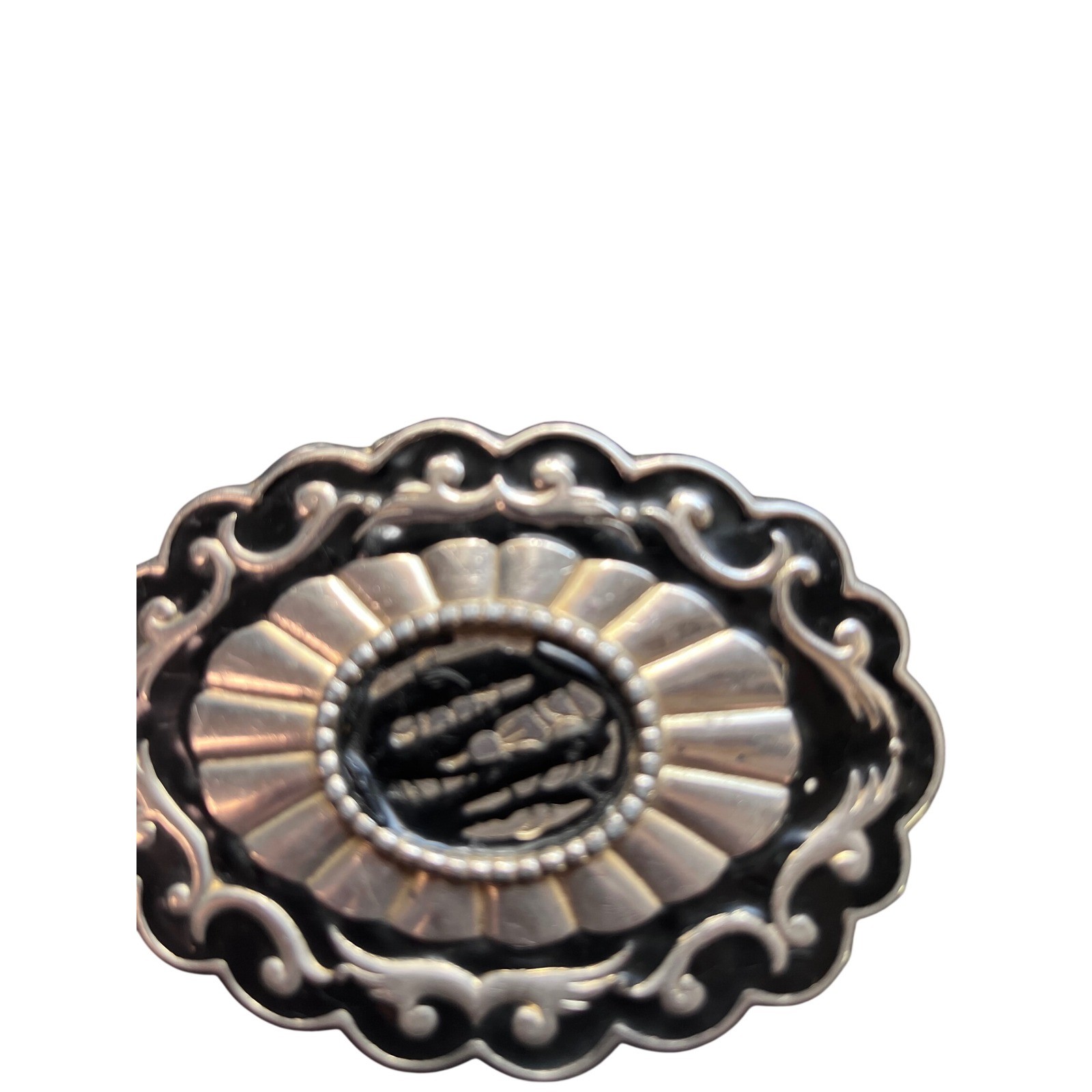 Vintage Western Belt Buckle Silver Black Enamel Scalloped Oval Scroll Sunburst