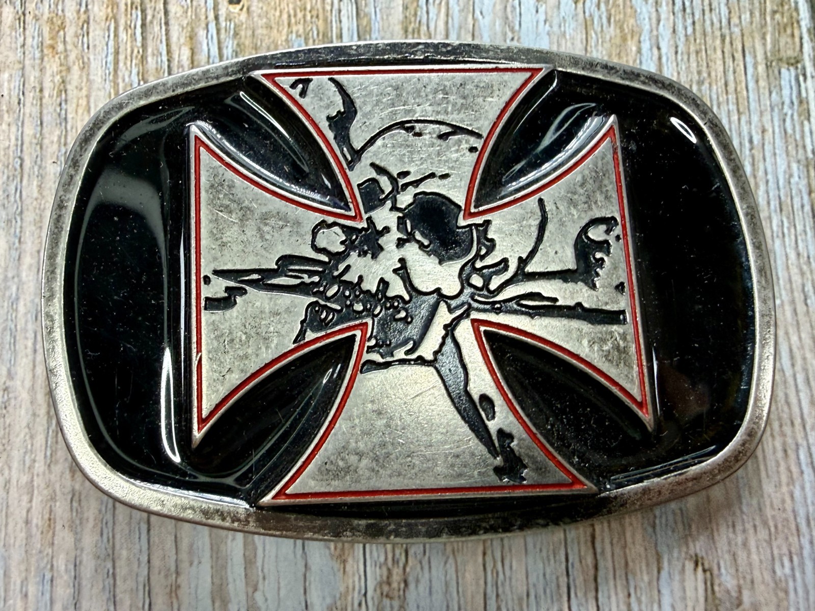 Maltese Iron Cross with Skull Cutout Black Enamel Gothic Punk Vibe Belt Buckle