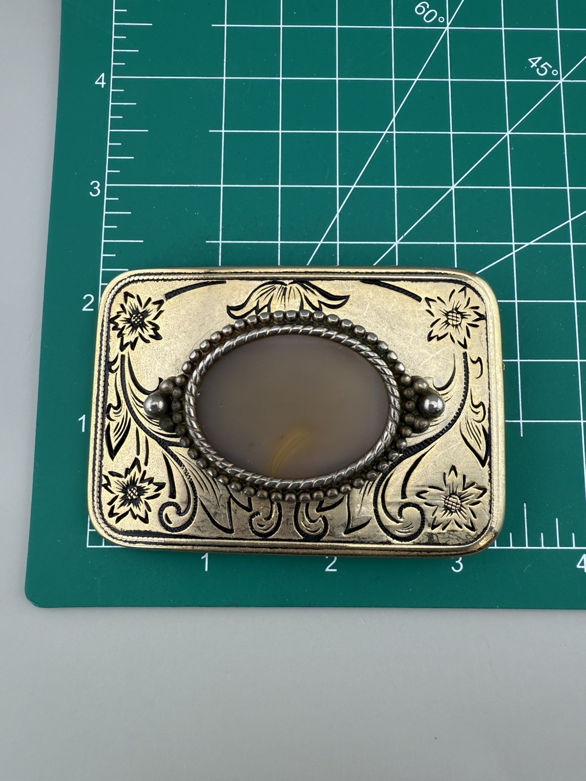 Engraved Brass Belt Buckle Agate Cabochon Floral Western Scroll Vintage Heavy