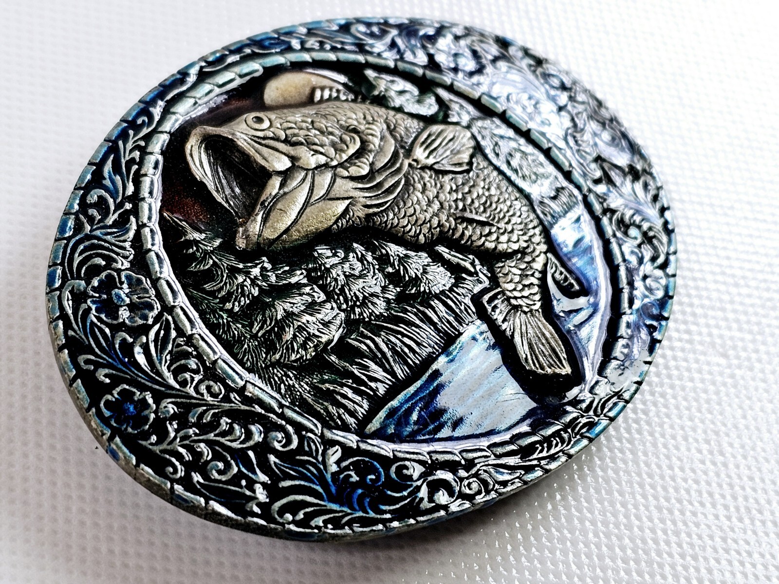 Indiana Metal Craft Belt Buckle Jumping Largemouth Bass Fish Embossed 1982 Vtg