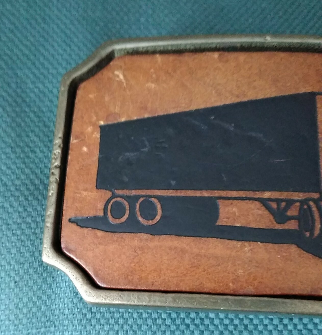 Vintage BTS Solid Cast Brass Tooled Leather Semi Truck Belt Buckle Tan Black