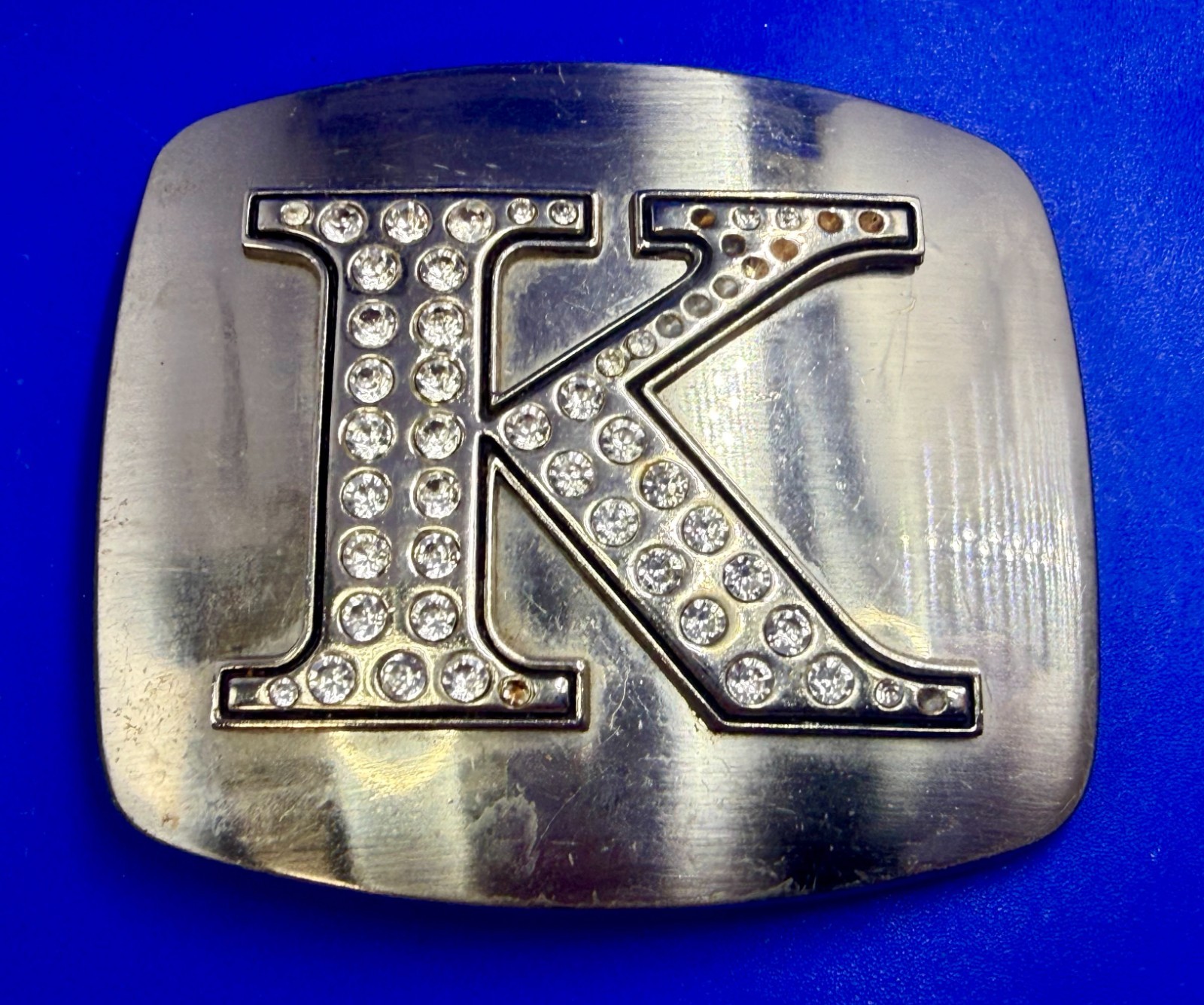 Custom Initial Letter K Monogram Silver Tone Belt Buckle – Missing a Rhinestone