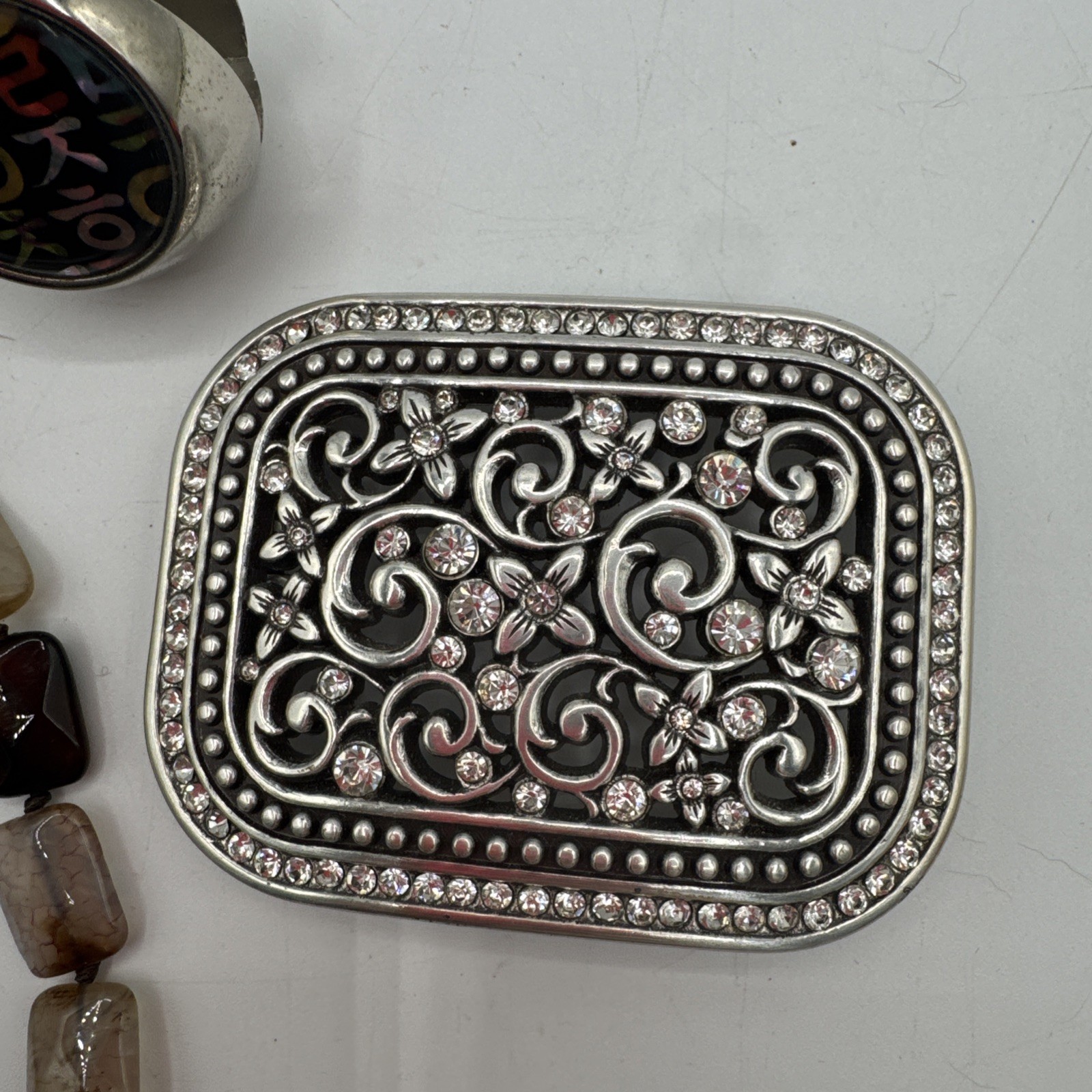Shiny Metal Fashion Belt Buckle Business Card Holder & Agate Necklace.