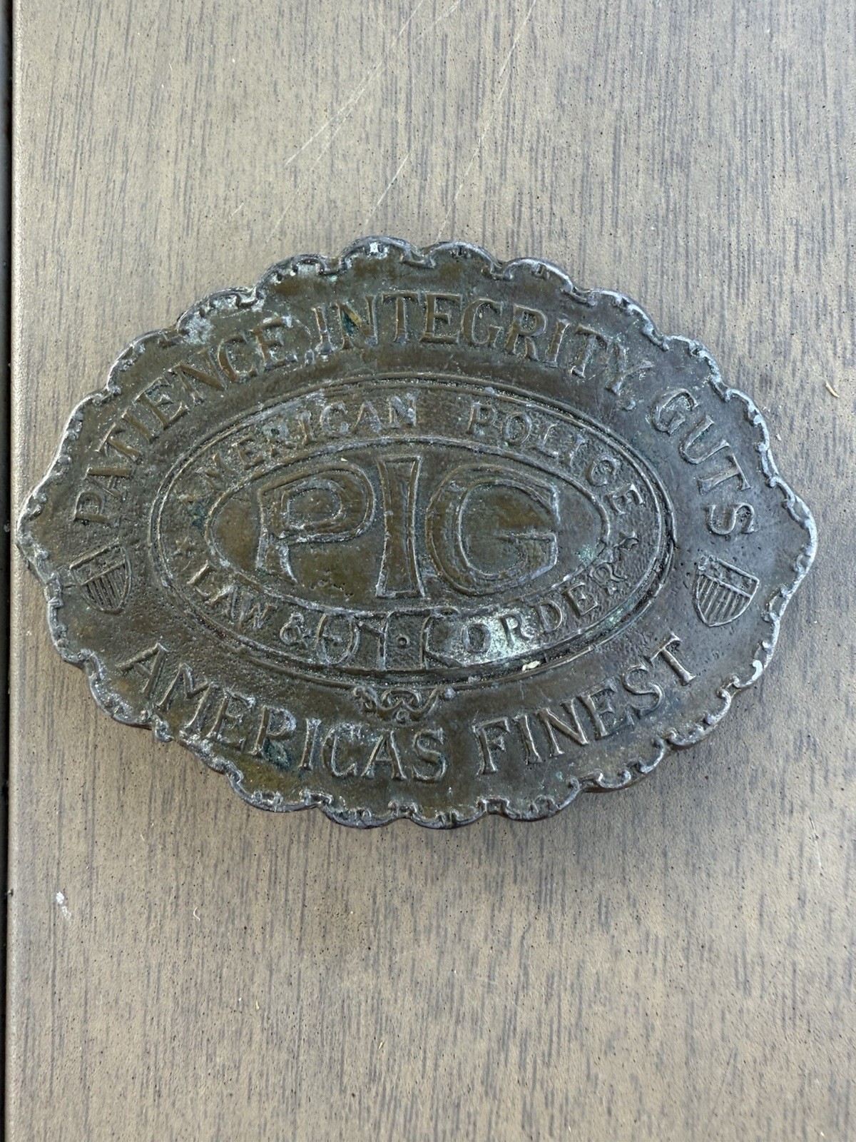 Vintage Brass Belt Buckle American Police PIG Patience Integrity Guts Law Order