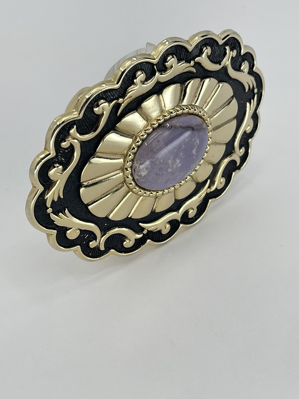 Belt Buckle Lavender Jade Cabochon oval gold tone black enamel background