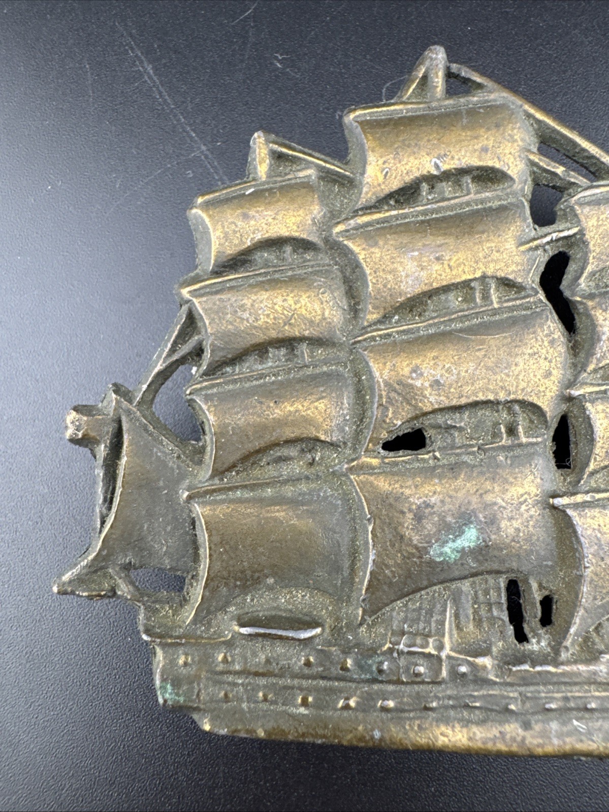 Vintage Brass Bronze Tone Metal Galleon Ship Clipper Nautical Belt Buckle Large