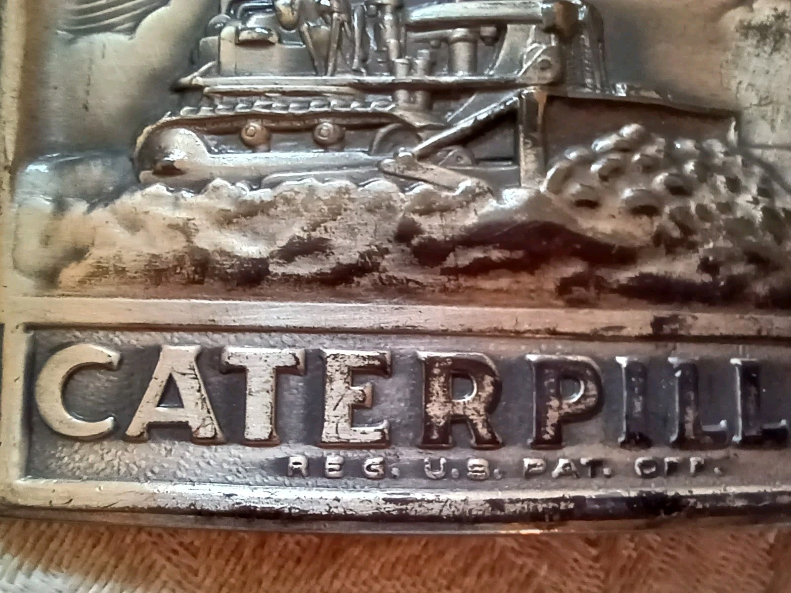 Neat Vintage Metal Caterpillar Tractors Belt Buckle w Farmer in Field 2×3&Prime; USA