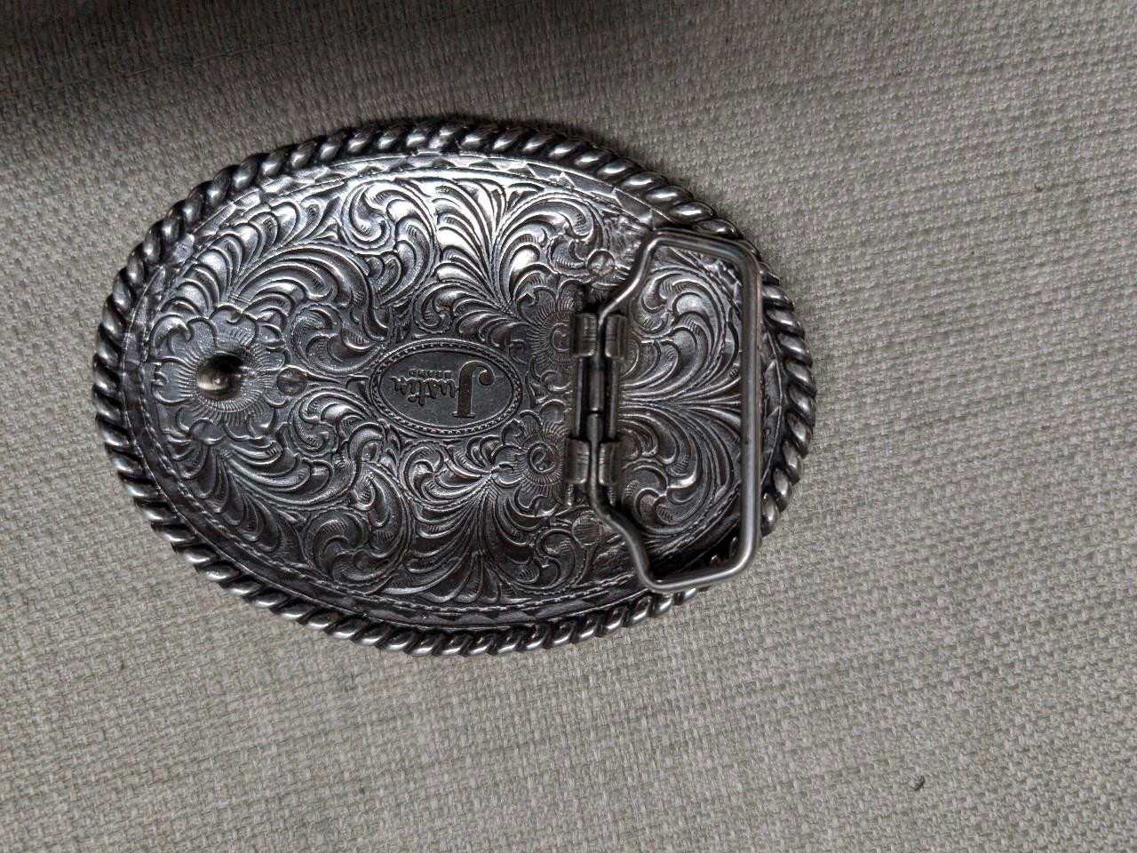 vintage JUSTIN belt buckle WESTERN engraved metal COWBOY rodeo