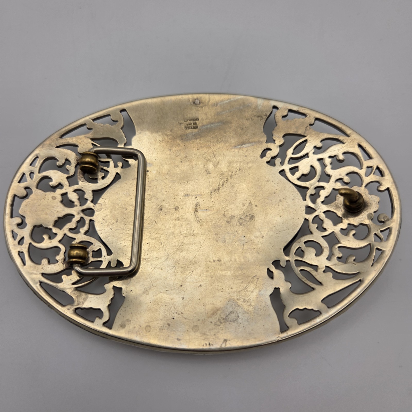 Men&rsquo;s Western Large Ornate Silver Overlay Belt Buckle With Copper Horse